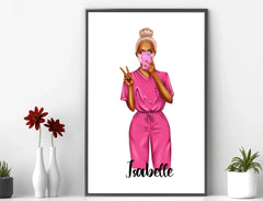 Personalisierte Krankenschwester Illustration mit Wunschname | Geschenk für Pflegekraft | Modernes Fashion Poster Pink