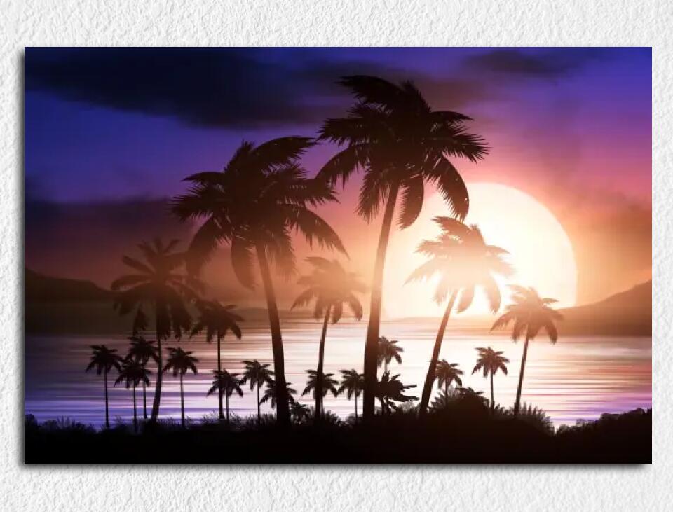 Deko-Leinwand Sonnenuntergang hinter Palmen