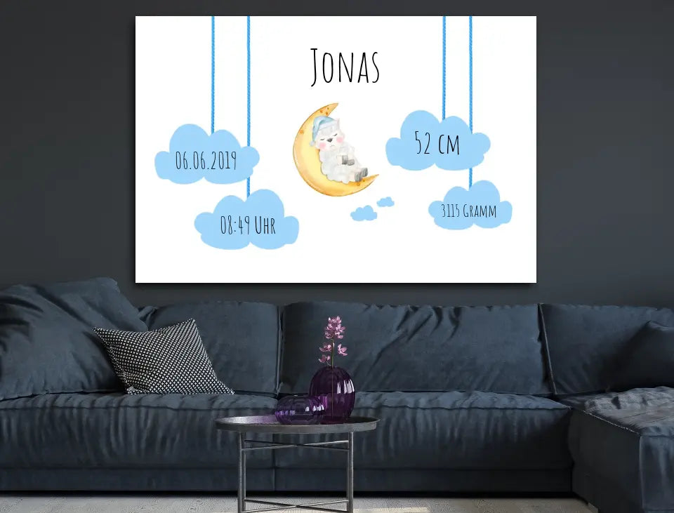 Personalisierte Leinwand Schäfchen auf Wolke mit Geburtsdaten und Name neugeborene Jungen