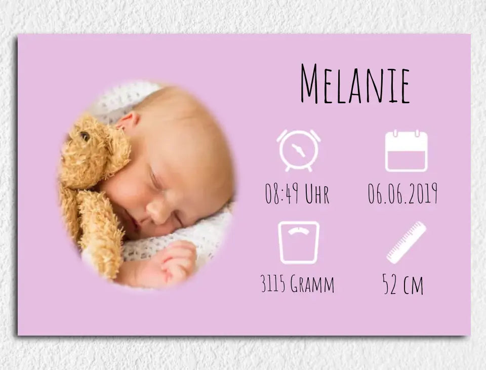 Personalisierte Leinwand mit Wunschbild und Geburtsdaten für Mädchen