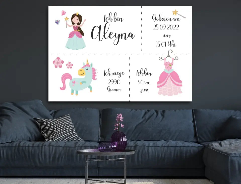 Personalisierte Leinwand neugeborene Mädchen mit Geburtsdaten und Name Prinzessin braune Haare