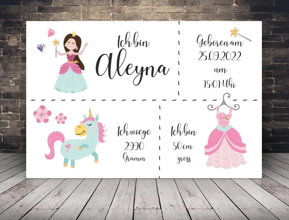 Personalisierte Leinwand neugeborene Mädchen mit Geburtsdaten und Name Prinzessin braune Haare