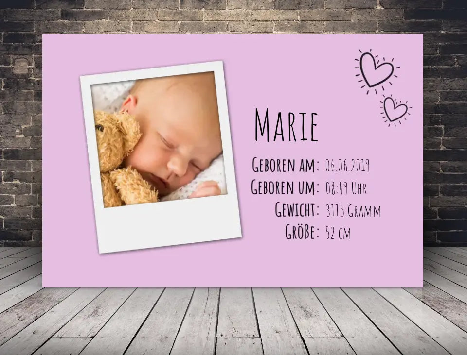 Personalisierte Leinwand Polaroid mit Geburtsdaten für Mädchen