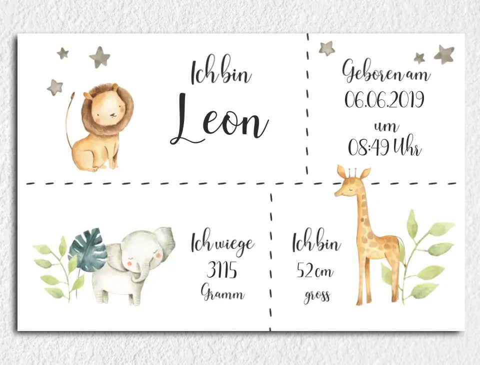Personalisierte Leinwand neugeborene Jungen mit Geburtsdaten und Name Safari