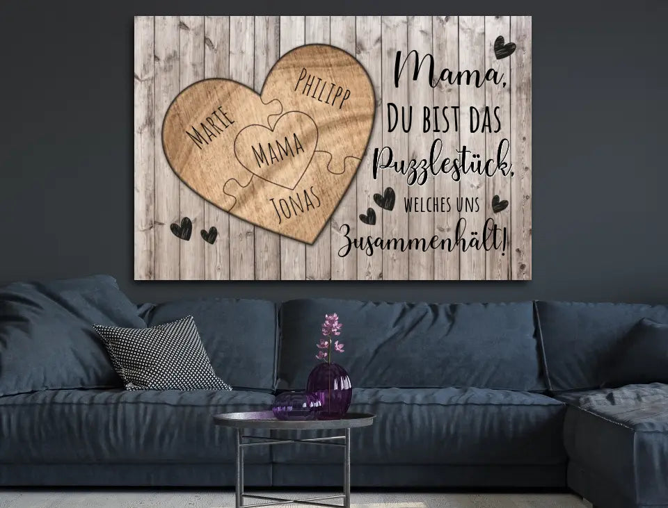 Personalisierte Leinwand Herz Puzzel aus Holz für Mama mit Namen