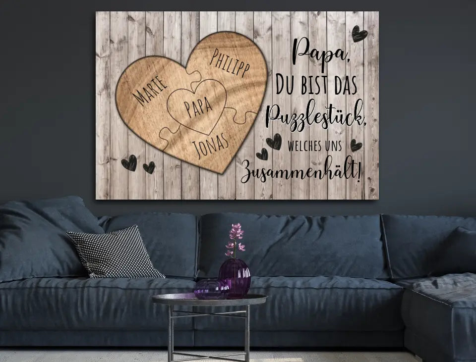 Personalisierte Leinwand Herz Puzzel aus Holz für Papa mit Namen