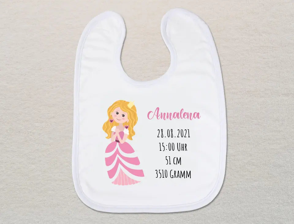 Personalisiertes Baby-Lätzchen | Prinzessin blonde Haare Geburtsdaten