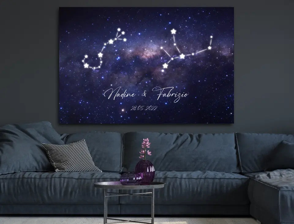 Personalisierte Leinwand Sternzeichen mit Namen und Datum