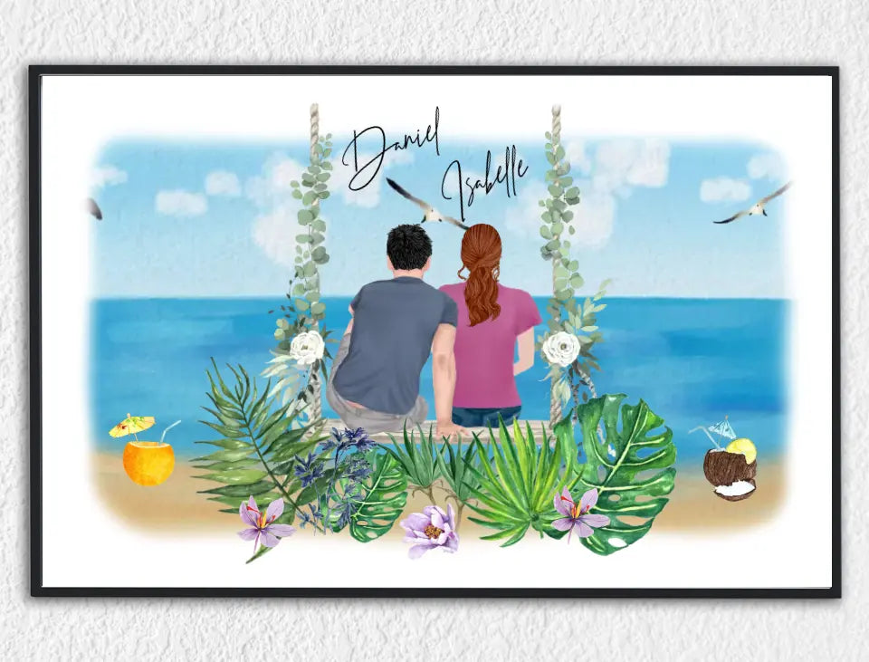 Personalisiertes Bild im Rahmen Mann & Frau Paar Clipart Beach Vibes mit Namen