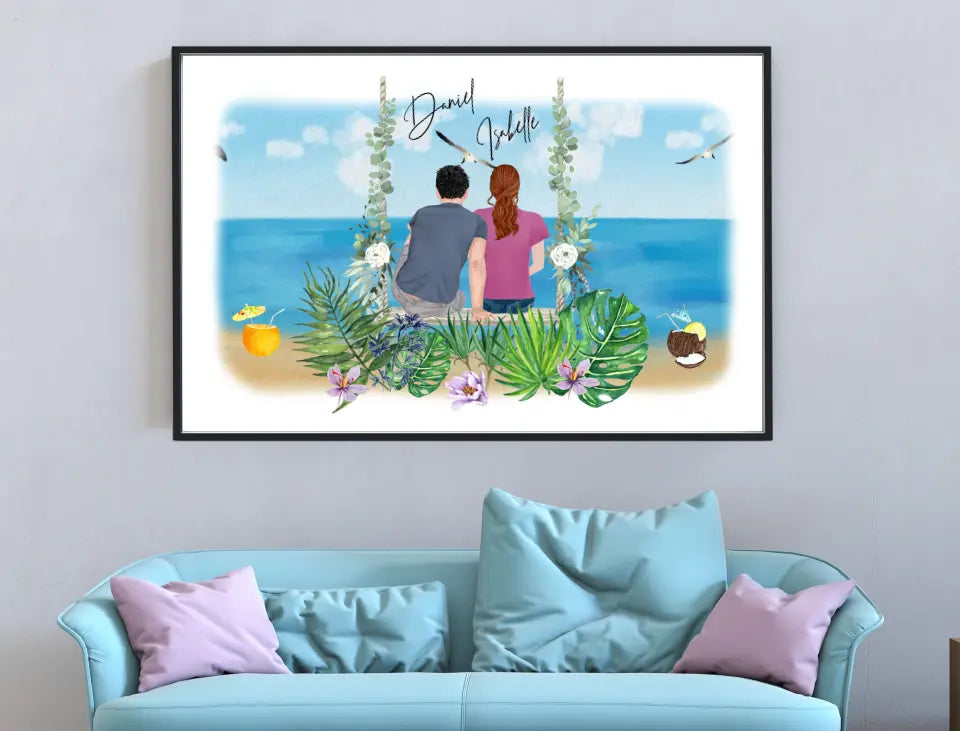 Personalisiertes Bild im Rahmen Mann & Frau Paar Clipart Beach Vibes mit Namen