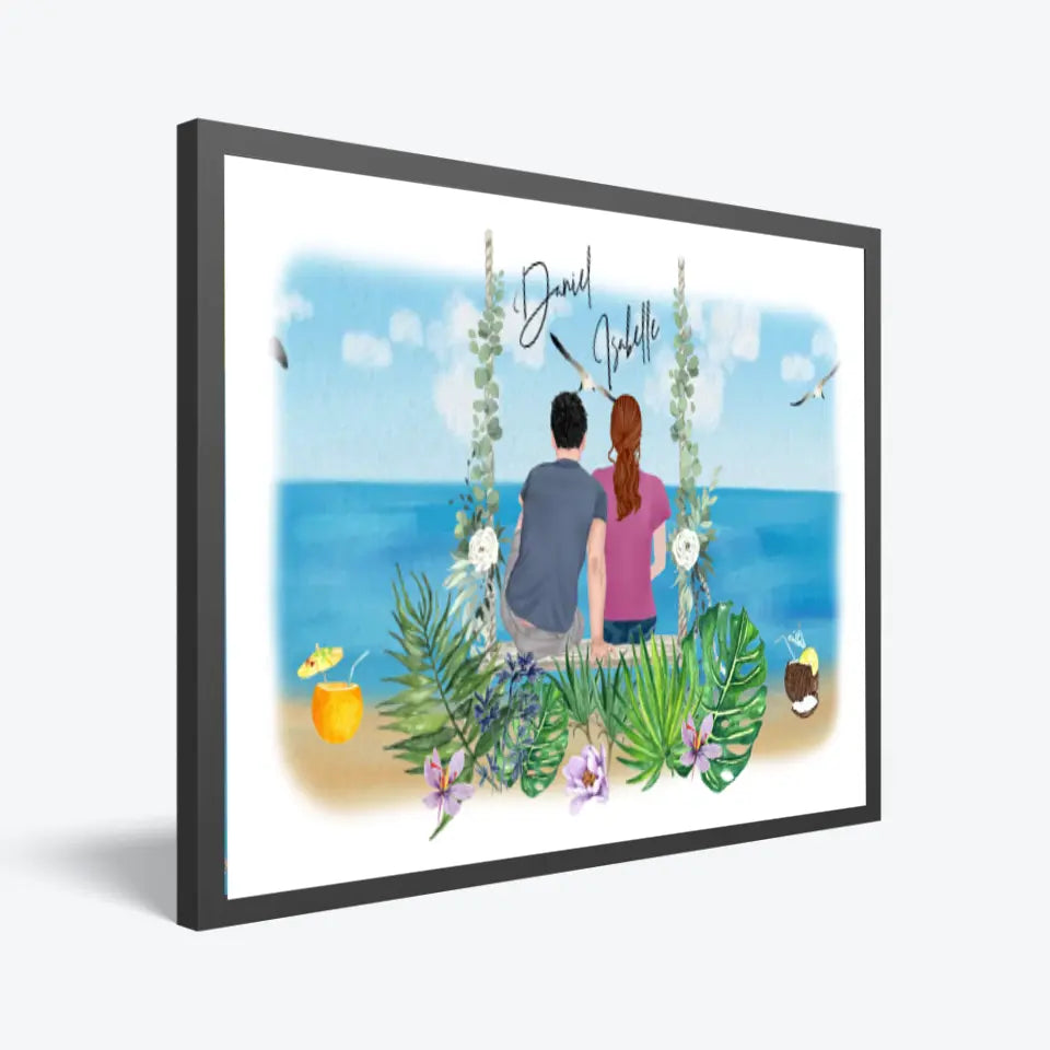 Personalisiertes Bild im Rahmen Mann & Frau Paar Clipart Beach Vibes mit Namen