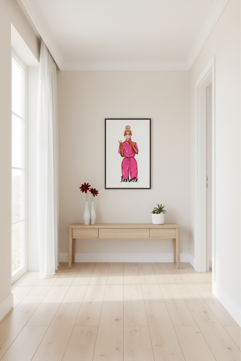 Personalisierte Krankenschwester Illustration mit Wunschname | Geschenk für Pflegekraft | Modernes Fashion Poster Pink