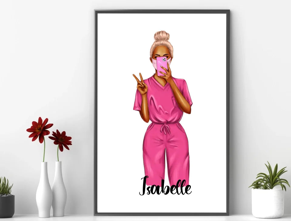 Personalisierte Krankenschwester Illustration mit Wunschname | Geschenk für Pflegekraft | Modernes Fashion Poster Pink