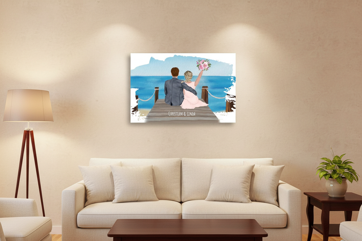 Personalisiertes Hochzeitsposter am Meer – Romantisches Paar Bild mit Namen – Geschenk zur Hochzeit & Hochzeitstag