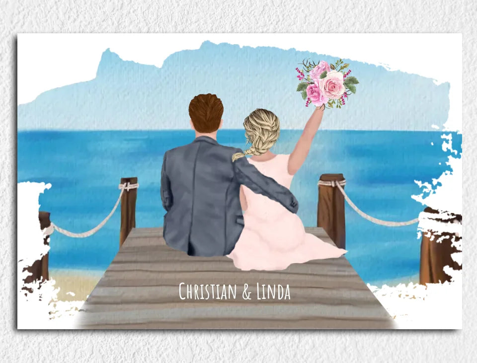 Personalisiertes Hochzeitsposter am Meer – Romantisches Paar Bild mit Namen – Geschenk zur Hochzeit & Hochzeitstag