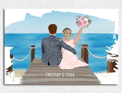 Personalisiertes Hochzeitsposter am Meer – Romantisches Paar Bild mit Namen – Geschenk zur Hochzeit & Hochzeitstag