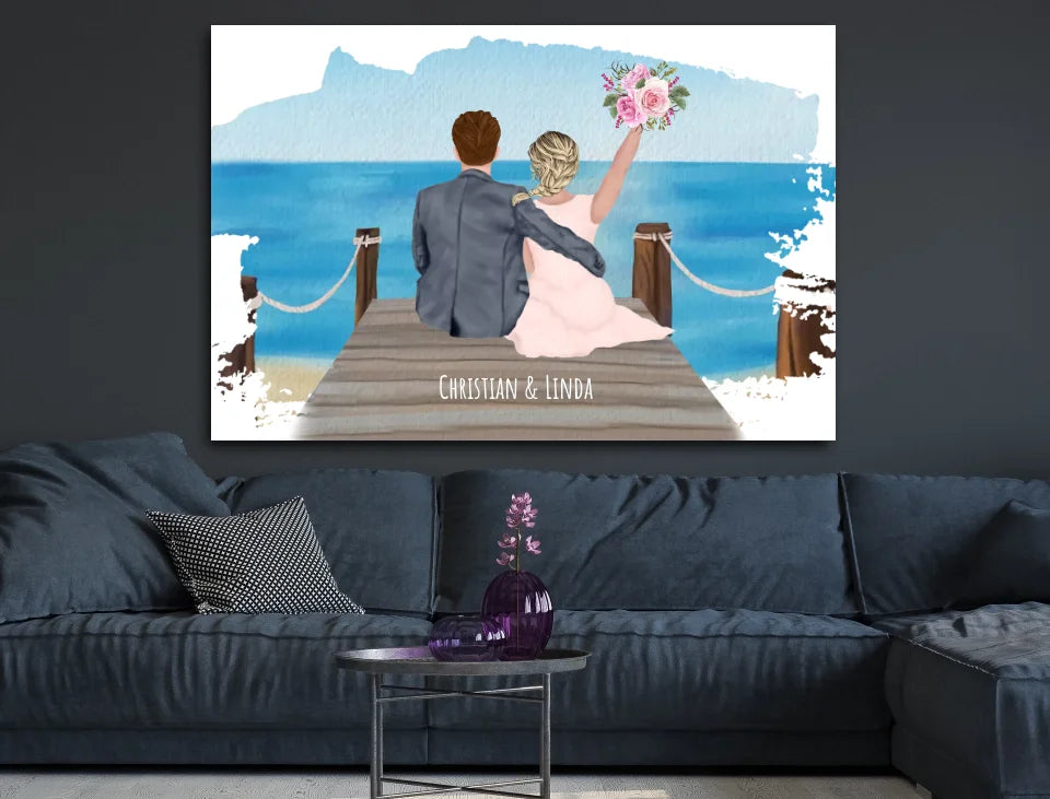 Personalisiertes Hochzeitsposter am Meer – Romantisches Paar Bild mit Namen – Geschenk zur Hochzeit & Hochzeitstag