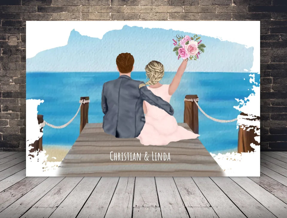 Personalisiertes Hochzeitsposter am Meer – Romantisches Paar Bild mit Namen – Geschenk zur Hochzeit & Hochzeitstag