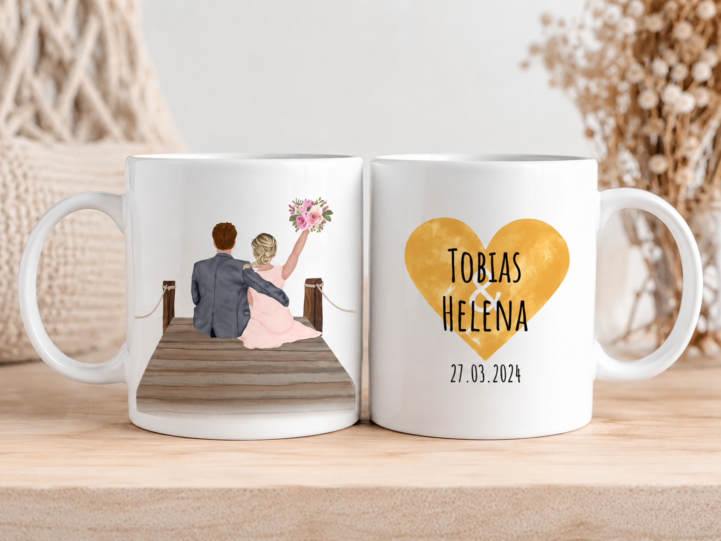 Personalisierte Tasse Hochzeit mit Namen & Datum – Geschenk für Brautpaar – Individuelle Keramiktasse Liebe Paar Illustration